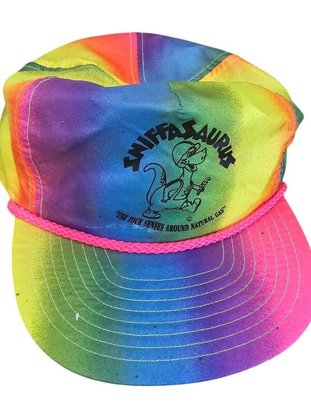 Vintage 1980s Sniffasarus natural gas rope zipper back hat Bright Neon Nissin